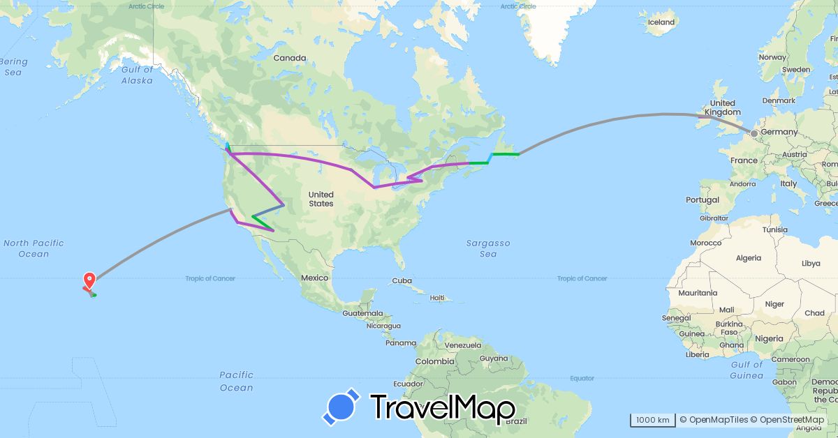 TravelMap itinerary: bus, plane, cycling, train, hiking, boat in Belgium, Canada, Ireland, United States (Europe, North America)
